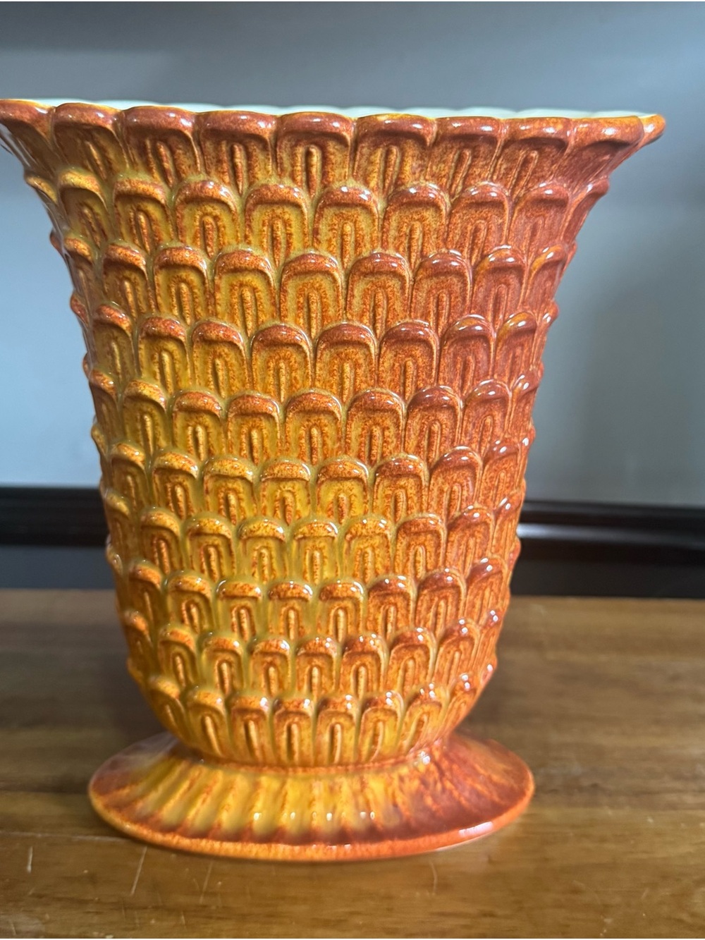 Red Wing 1157 Pottery Fan Vase MCM Orange/Yellow Scalloped Rim